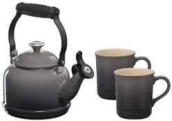 Le Creuset Demi Kettle W/ SS Knob & 2 Mug Set - Oyster 1.25 Qt. Kettle & (2) 14 Oz. Mugs