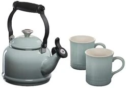 Le Creuset Demi Kettle W/ SS Knob & 2 Mug Set - Sea Salt 1.25 Qt. Kettle & (2) 14 Oz. Mugs