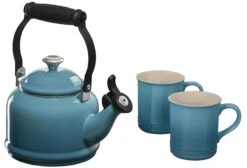 Le Creuset Demi Kettle W/ SS Knob & 2 Mug Set - Caribbean 1.25 Qt. Kettle & (2) 14 Oz. Mugs