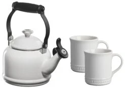 Le Creuset Enamel On Steel Demi Kettle With Metal Finishes & Stoneware Mug Set, 1.25 Qt Kettle And Two 14 Oz Mugs, White - Durable, Stylish, And Heat-resistant
